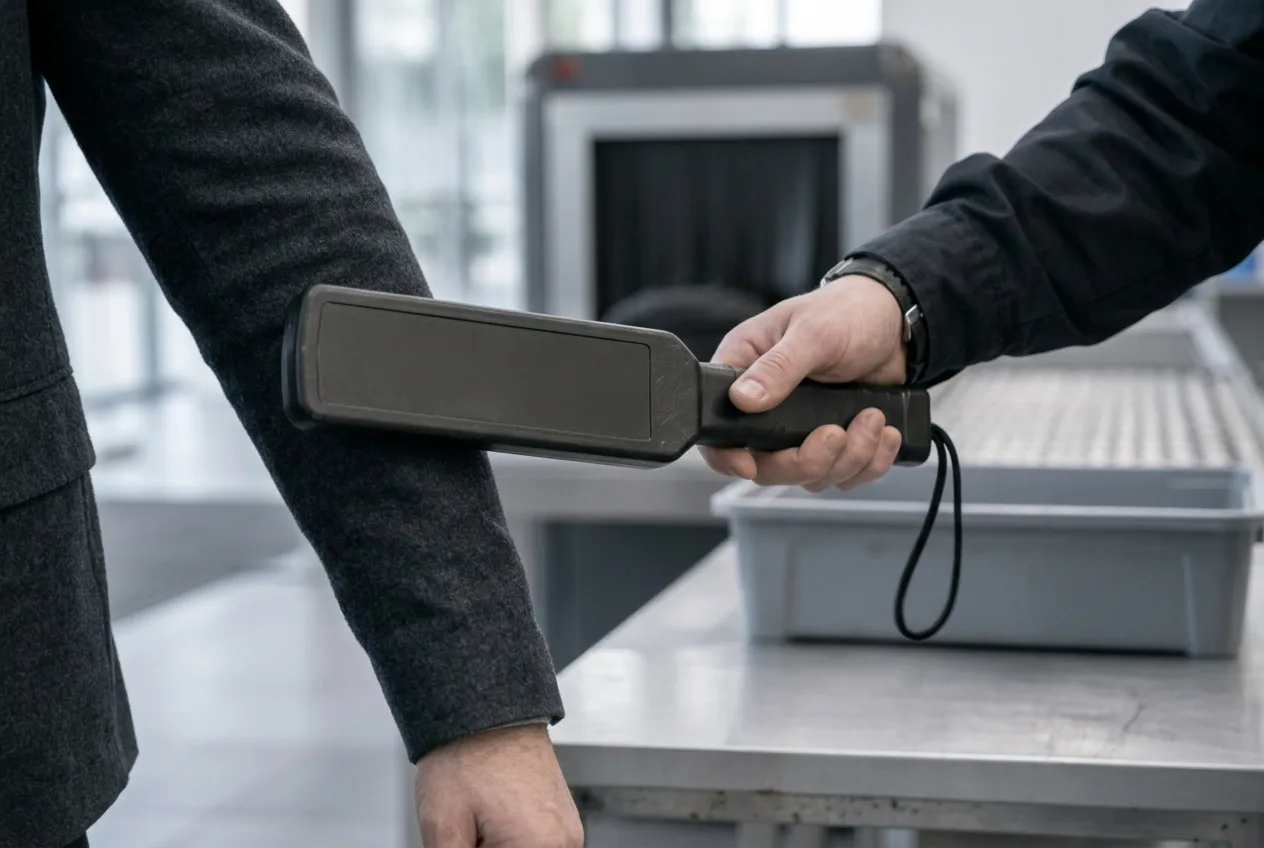 Symbolische Darstellung einer Personenkontrolle mit Handsonde an vorhandener Kontrolltechnik